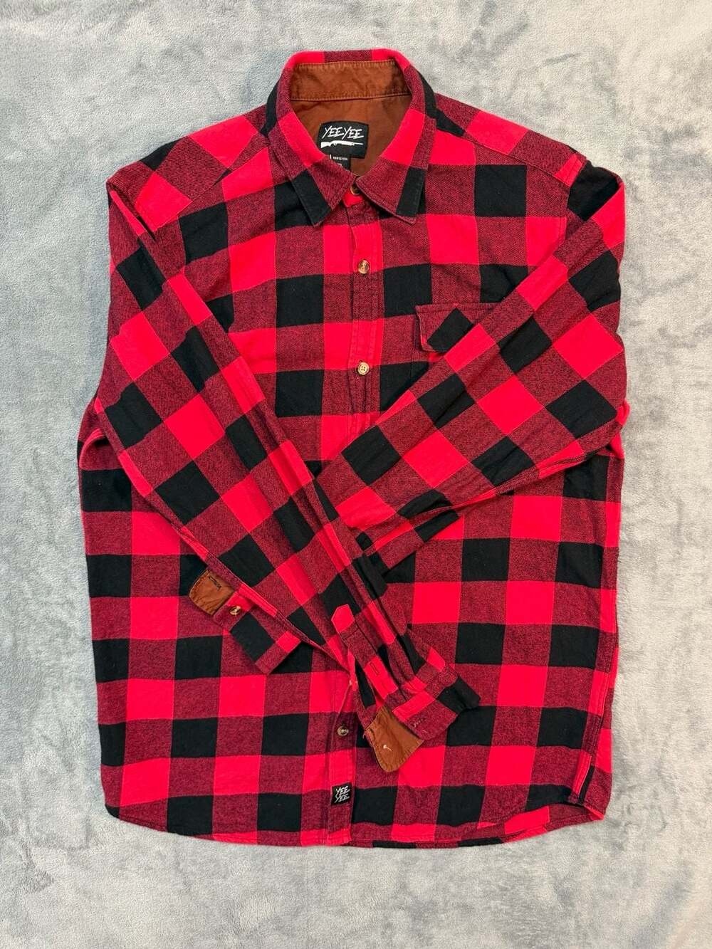 Yee Yee Red Black Buffalo Plaid Long Sleeve Flannel Shirt Men's XL